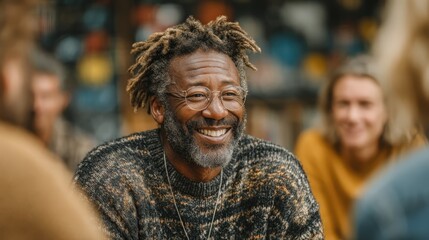 Fototapeta premium Cheerful Black man with dreadlocks and glasses laughing joyfully during community gathering with diverse group of people socializing