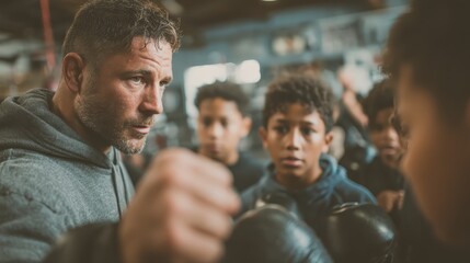 Experienced boxing coach providing personal training guidance to young diverse athletes in urban gym setting with focused instruction
