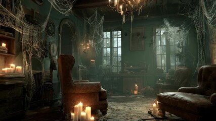 Haunted spooky dark abandoned room interior with mysterious candlelight - Powered by Adobe
