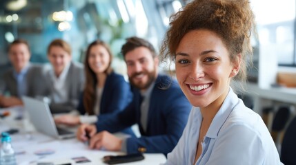 Happy young professional woman with curly hair smiling confidently in bright modern office with diverse team members working in background