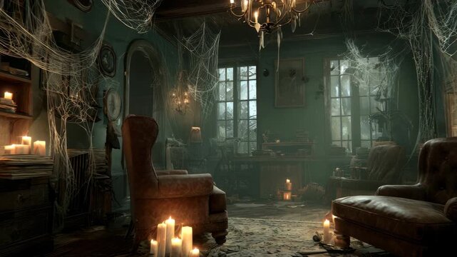 Haunted spooky dark abandoned room interior with mysterious candlelight