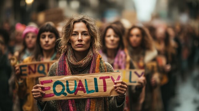Determined woman holding equality protest sign at peaceful demonstration with diverse activists advocating for social justice rights