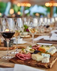 Elegant wine and artisanal cheese board pairing with charcuterie selection in upscale restaurant setting with warm ambient lighting
