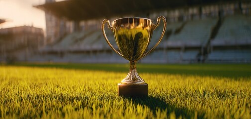 The trophy shining brightly on the football field during sunset.
