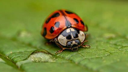 Fototapeta premium Close up of a bright red ladybug with black spots on a green leaf with a water droplet