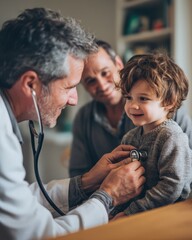 Experienced pediatric doctor with stethoscope examining happy young child while mother smiles during routine medical checkup visit