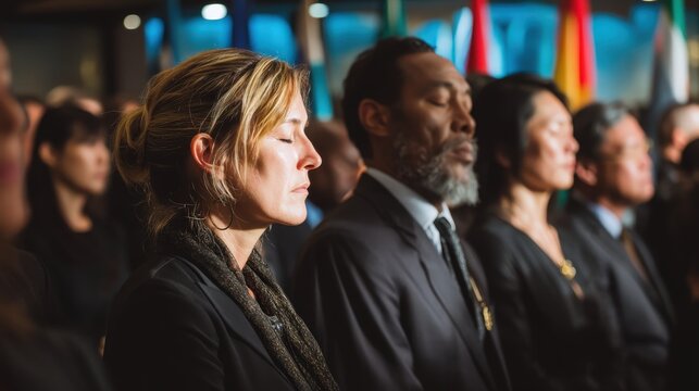 Formal memorial service or United Nations ceremony with diverse international delegates in suits observing moment of silence respectfully