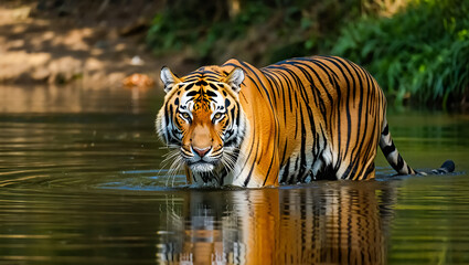 Majestic bengal tiger walking through water reflected in the pond