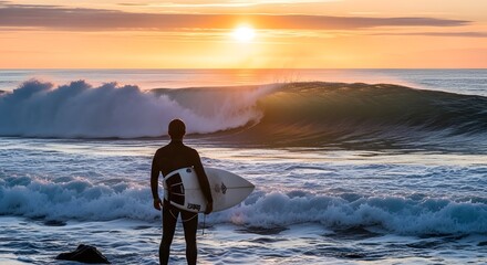 A surfer stands on the beach holding a surfboard, watching a wave break during a vibrant sunset over the ocean.