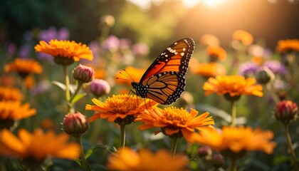 Monarch butterfly in a vibrant field of orange flowers basks in the warm sunlight
