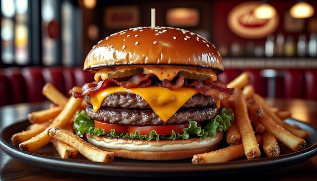 Delicious double cheeseburger with melted cheddar, crispy bacon, fresh lettuce, tomato, pickles and french fries on the side, served in a diner - Powered by Adobe