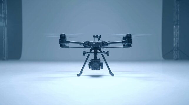 Professional studio camera with a black lens on a metal tripod