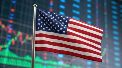 Close-up of USA flag with glowing stock market charts — reflecting digital economy and market analysis
