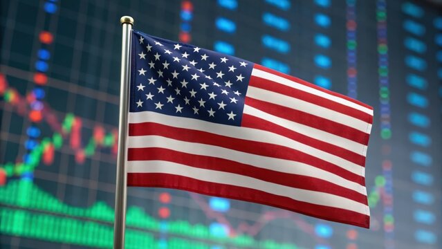 Fototapeta Close-up of USA flag with glowing stock market charts — reflecting digital economy and market analysis 