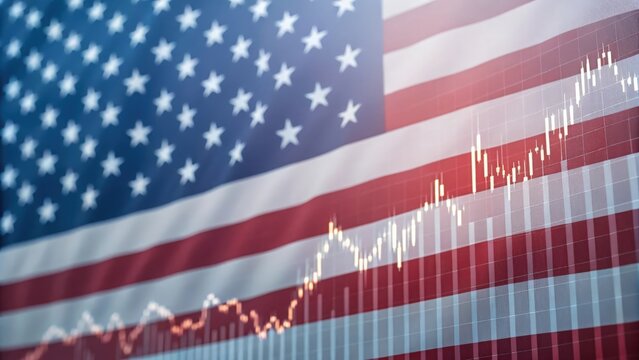Dynamic American flag background with financial graph — depicting technology and economic trends
