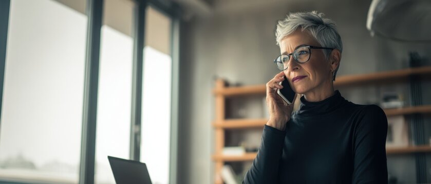 The thoughtful woman talking on a smartphone in a modern office setting.