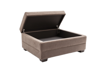 Elegant brown storage ottoman with open lid on transparent background