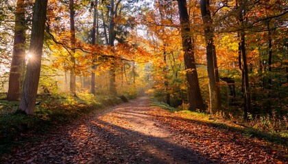 Obraz premium autumn walk through a serene forest path tranquil nature setting vibrant fall foliage morning light