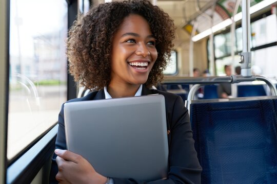 Smiling woman with curly hair holding a laptop on a bus looking out the window happily