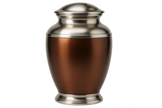 Metal cremation urn with a transparent background, symbolizing remembrance, grief, and the finality of death