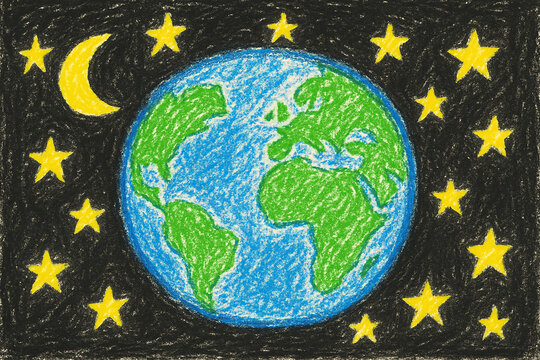 Childlike Crayon Drawing Of Earth In Space Wallpaper