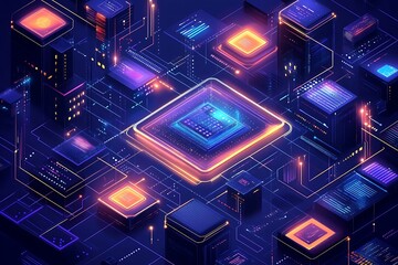 Futuristic glowing circuit board with central processor and neon lights