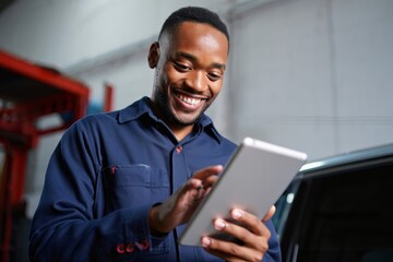 A smiling mechanic in blue uniform using a tablet in a garage near a car and equipment