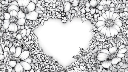 Heart-shaped floral frame, grayscale, intricate design, perfect for cards