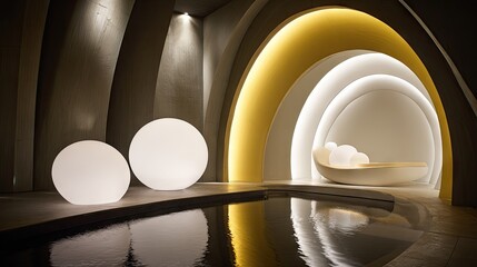 Tranquil spa interior with rounded architectural elements and lighting spheres.