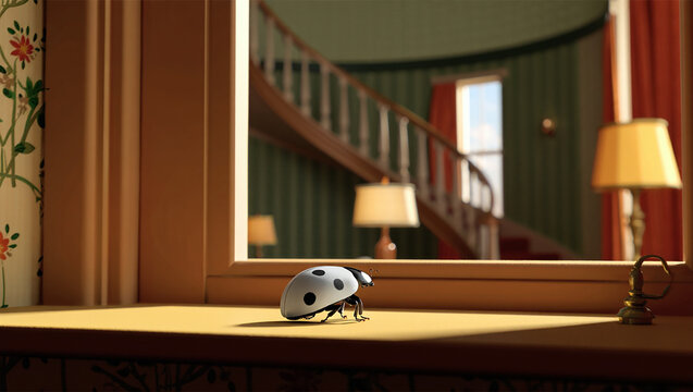 Small ladybug wearing a helmet stands on a wooden surface