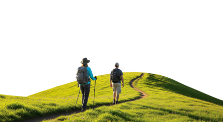 Hikers Trekking Along Winding Path on Grassy Hill