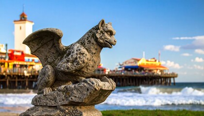 Stone gargoyle statue perched on rock, pier and ocean in background
