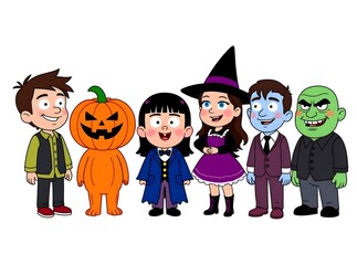 A diverse group of cartoon children in Halloween costumes, including a witch, pumpkin, and friendly monsters, standing in a line.