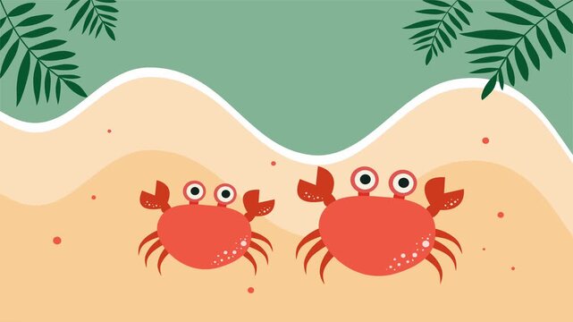 Two crabs with playful expressions stand near abstract wave edge and palm