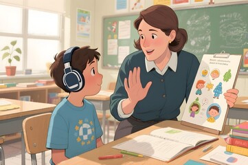 Teacher interacting with autistic child boy in classroom during inclusive education lesson illustrated in warm cartoon style for neurodiversity awareness