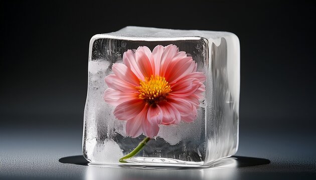 an elegant still life composition featuring a clear ice cube containing a single pink flower with a yellow center and red stamen - Powered by Adobe
