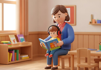 3D illustration of autistic child boy wearing blue headphones reading book with teacher in inclusive classroom promoting sensory comfort and learning