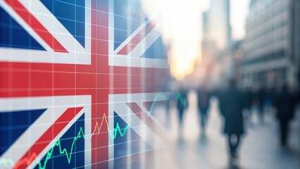 UK flag overlay on digital stock market graph — illustrating economic trends and finance growth