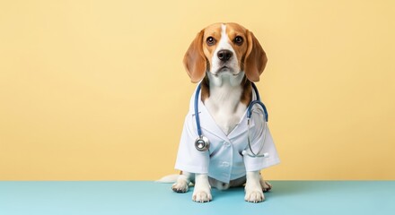 Cute dog wearing a doctor's outfit with a stethoscope, sitting on a pastel table. whimsical, with copy space and soft studio lighting