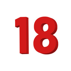 3D Red Number 18 Text Vector on White Background

