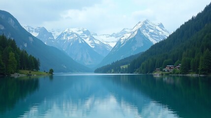 Serene Alpine Lake and Majestic Snow-Capped Mountains