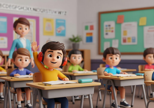 3D illustration of autistic child boy with turquoise headphones raising hand in colorful inclusive classroom with teacher and diverse classmates