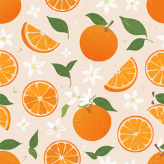 Seamless pattern with whole oranges, slices, green leaves, and white blossoms on a pastel background. Fresh citrus summer design in minimal clean hand-drawn retro style.