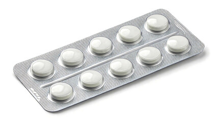 Bright white round pills neatly arranged in a silver blister pack ready for healing
