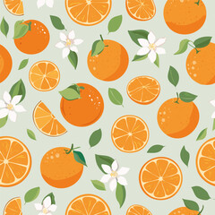 Seamless pattern with whole oranges, slices, green leaves, and white blossoms on a pastel background. Fresh citrus summer design in minimal clean hand-drawn retro style.