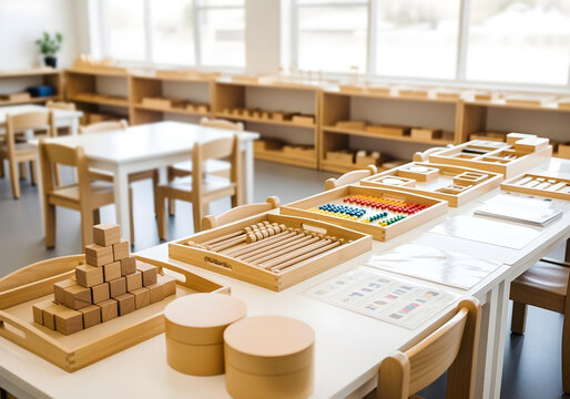 Montessori classroom with wooden educational tools math blocks and sensory materials on tables for inclusive early learning and therapy support