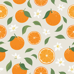 Seamless pattern with whole oranges, slices, green leaves, and white blossoms on a pastel background. Fresh citrus summer design in minimal clean hand-drawn retro style.