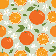 Seamless pattern with whole oranges, slices, green leaves, and white blossoms on a pastel background. Fresh citrus summer design in minimal clean hand-drawn retro style.