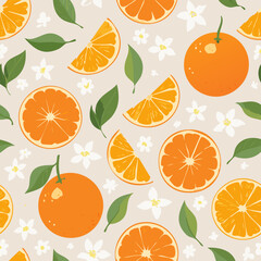 Seamless pattern with whole oranges, slices, green leaves, and white blossoms on a pastel background. Fresh citrus summer design in minimal clean hand-drawn retro style.
