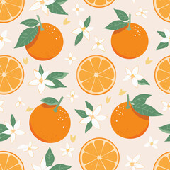 Seamless pattern with whole oranges, slices, green leaves, and white blossoms on a pastel background. Fresh citrus summer design in minimal clean hand-drawn retro style.